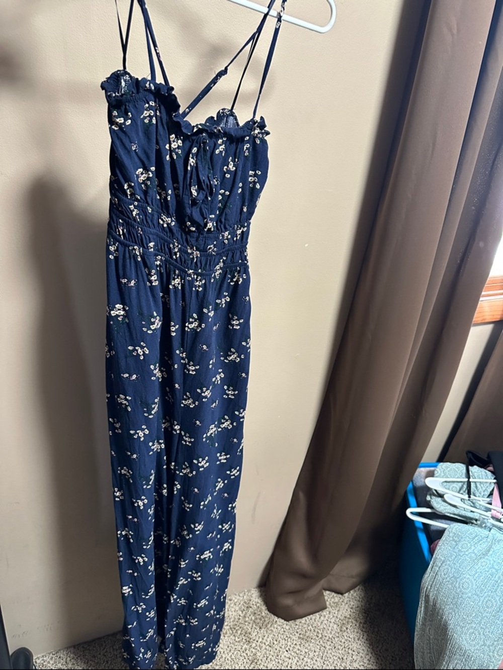 Audrey Parks Navy Floral Smocked Waist Spaghetti-Strap Jumpsuit
